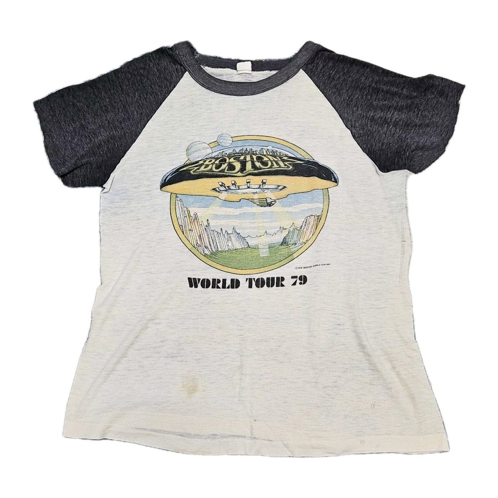 Vintage Boston T Shirt Mens Sm Gray World Tour 79 Raglan Baseball Tee Distressed